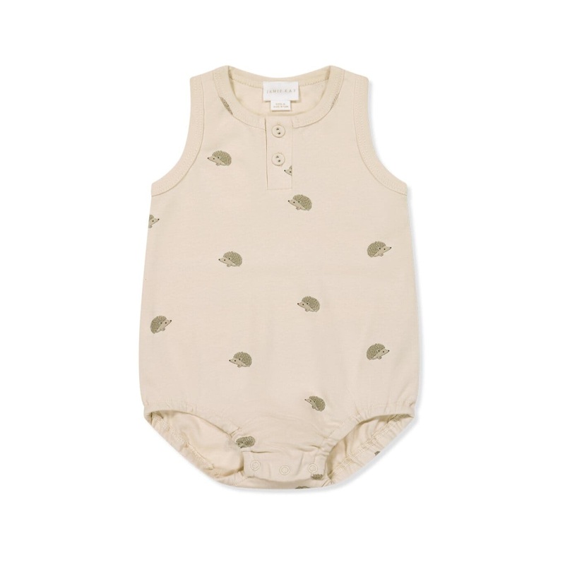 Jamie Kay Noah Playsuit – Henry Hedgehog Birch – Pima Cotton