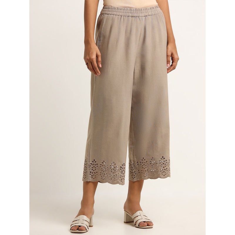 Utsa Taupe Crochet Detailed Cotton-Blend Palazzos