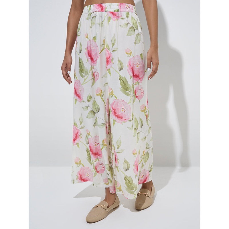 Zuba White Floral Printed High-Rise Palazzos