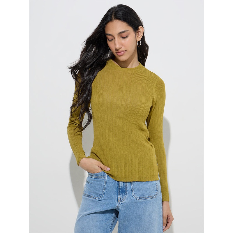 LOV Olive Ribbed-Textured Top