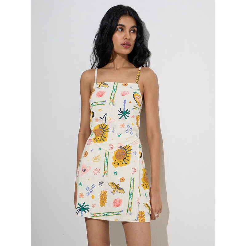 Nuon Multicolour Printed Linen-Blend Tie-Up Top