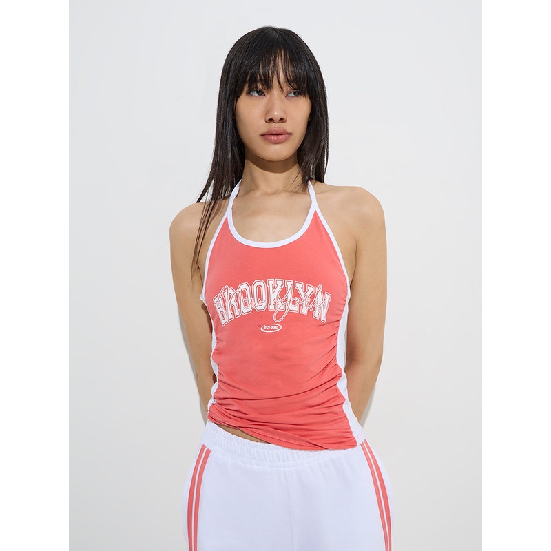 Studiofit Coral Text Design Cotton-Blend Tank Top