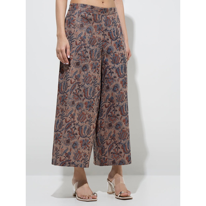 Utsa Taupe Botanical Design Cotton Palazzos