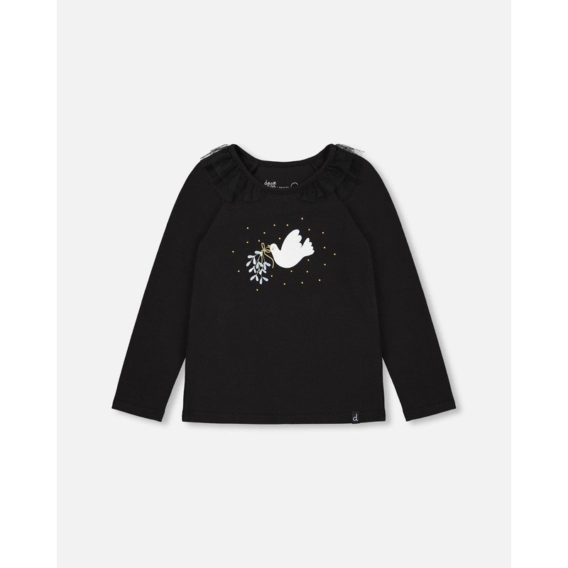 Deux par Deux Long Sleeve Organic Cotton Printed Top with Frills – Anthracite / Black