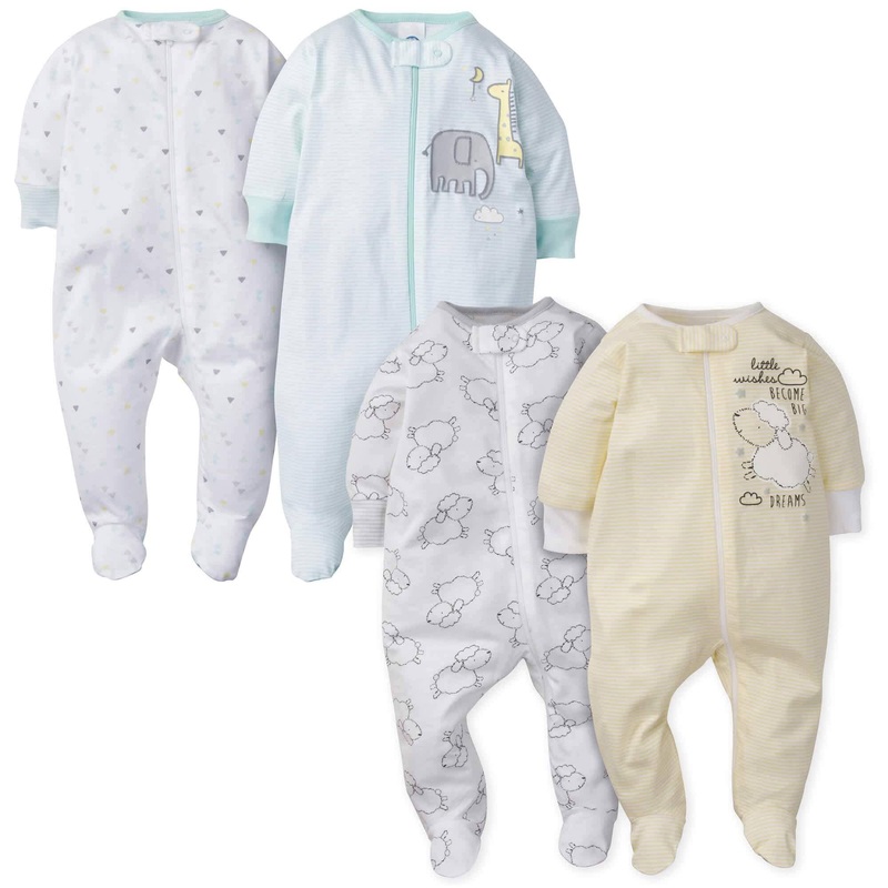 Gerber 4-Pack Baby Neutral Lamb & Animal Sleep ‘N Play Bundle