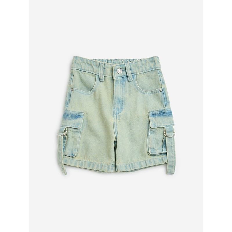 HOP Kids Blue Cargo-Style Mid-Rise Denim Shorts
