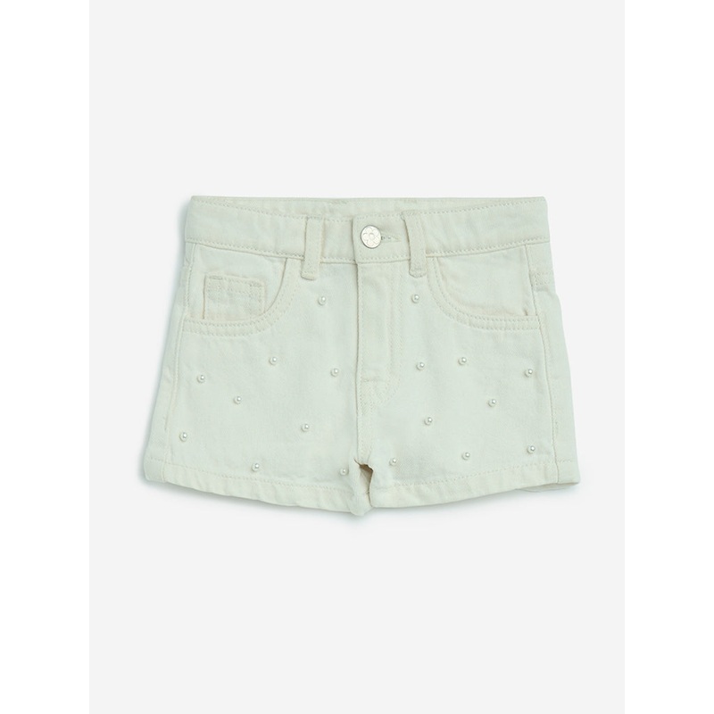 HOP Kids Off-White Pearlescent High-Rise Denim Shorts