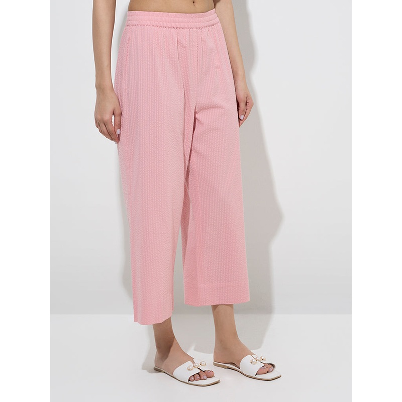 Utsa Light Pink Seersucker Striped Cotton Ethnic Pants