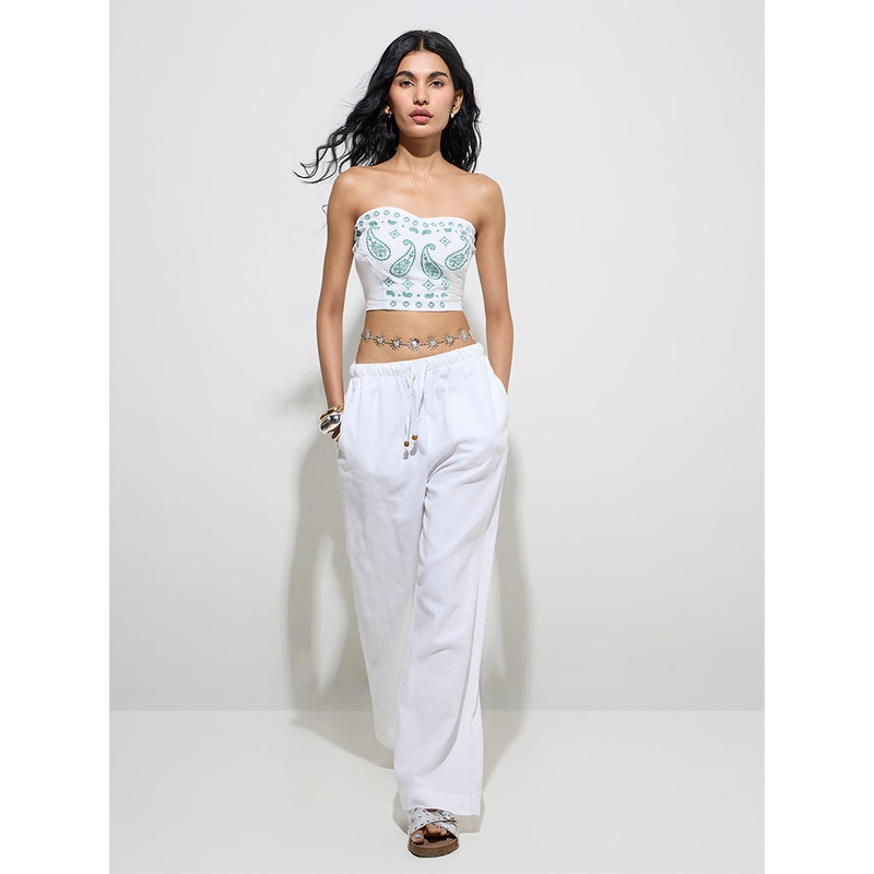 Bombay Paisley White Solid Cotton-Blend Pants