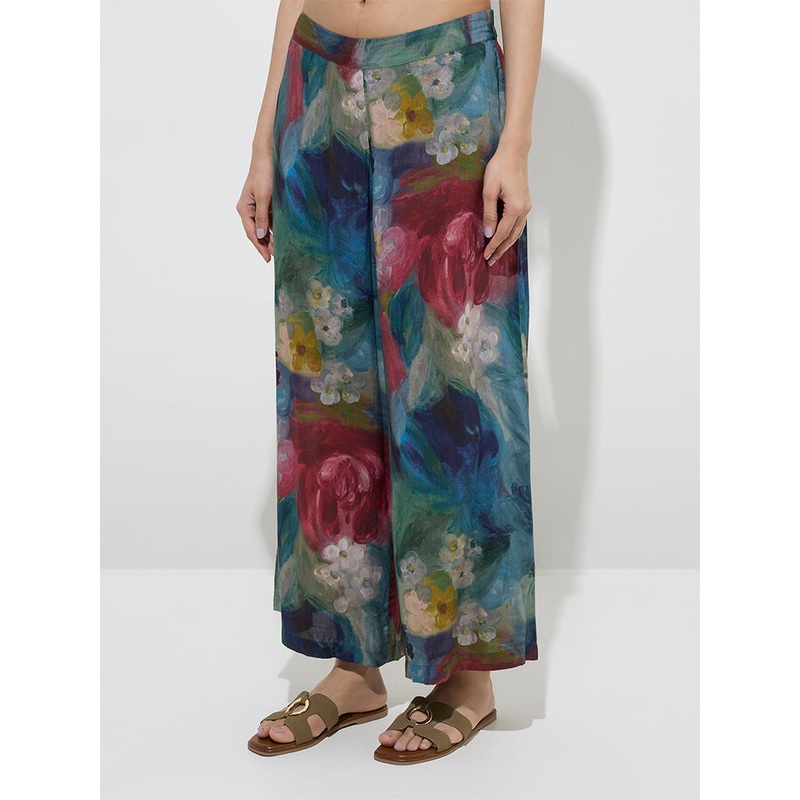 Utsa Blue Watercolour Floral Design Palazzos