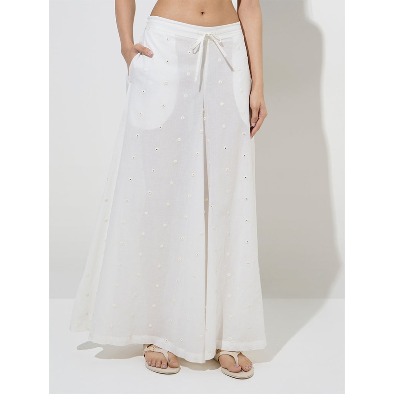 Utsa White Mirror-Detailed Cotton Palazzos