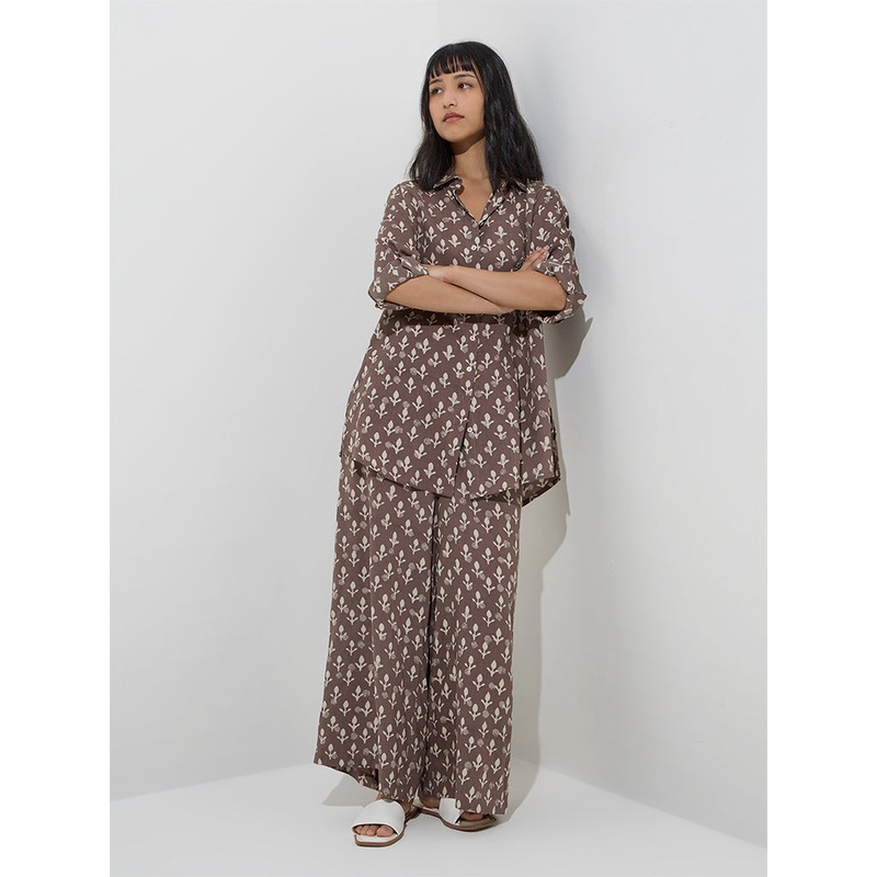 Utsa Taupe Botanical Pattern Palazzos