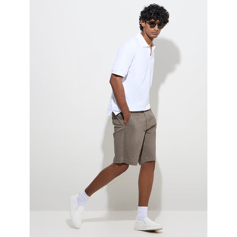 WES Casuals Taupe Relaxed-Fit Mid-Rise Cotton-Blend Shorts