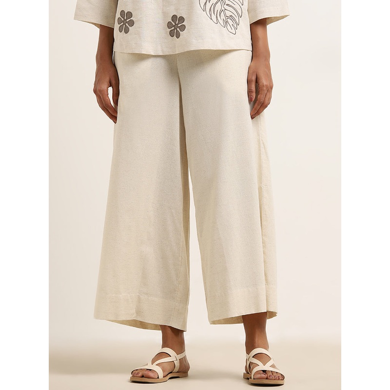 Utsa Beige Flared High-Rise Cotton-Blend Palazzos