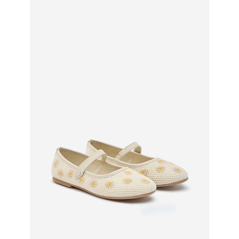 Yellow Off-White Floral Embroidered Ballerina LBNU253622058640