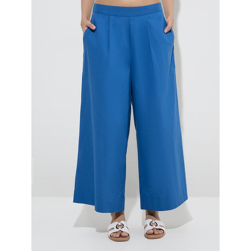 Utsa Blue Solid Cotton Palazzos