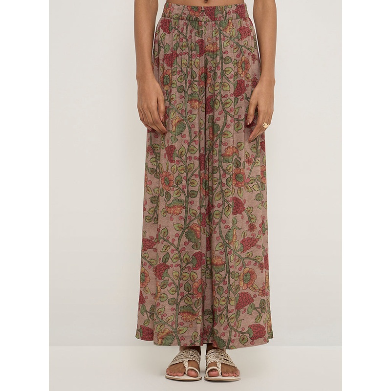 Zuba Dark Brown Floral Printed Ethnic Pants