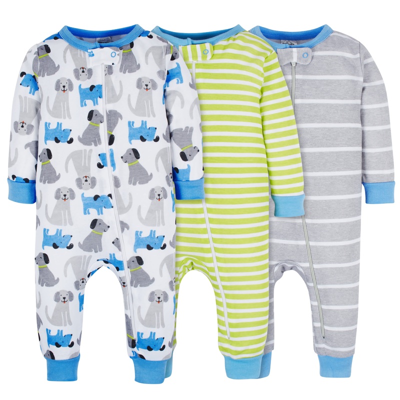 3-Pack Baby & Toddler Boys Stripes & Doggies Snug Fit Footless Pajamas