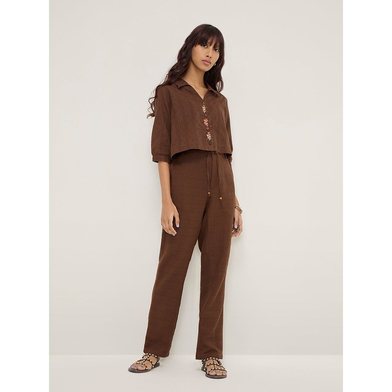 Bombay Paisley Brown High-Rise Cotton-Blend Pants