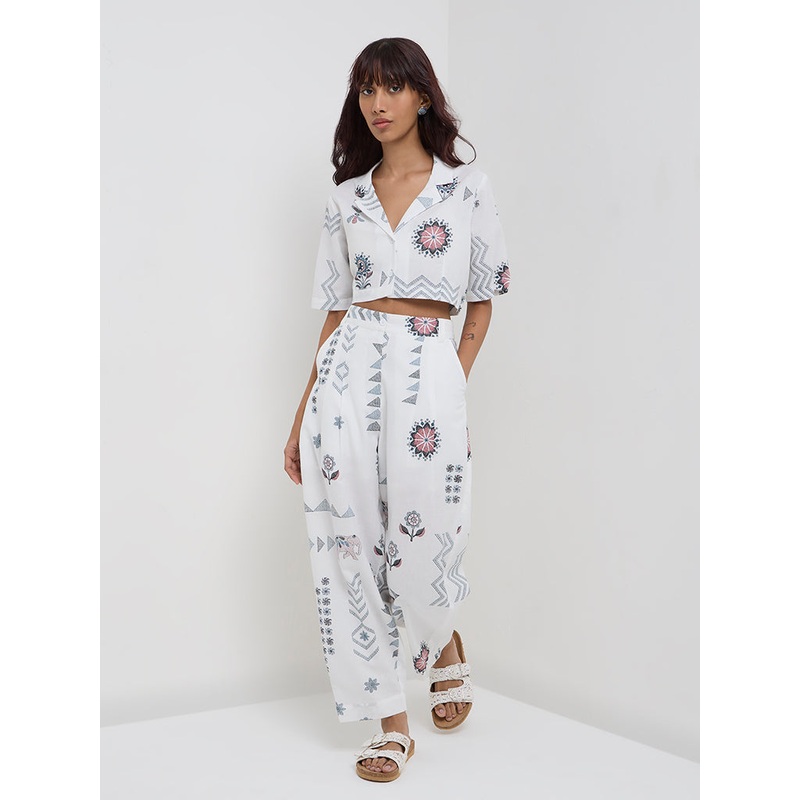 Bombay Paisley White Patiala-Style High-Rise Cotton-Blend Pants