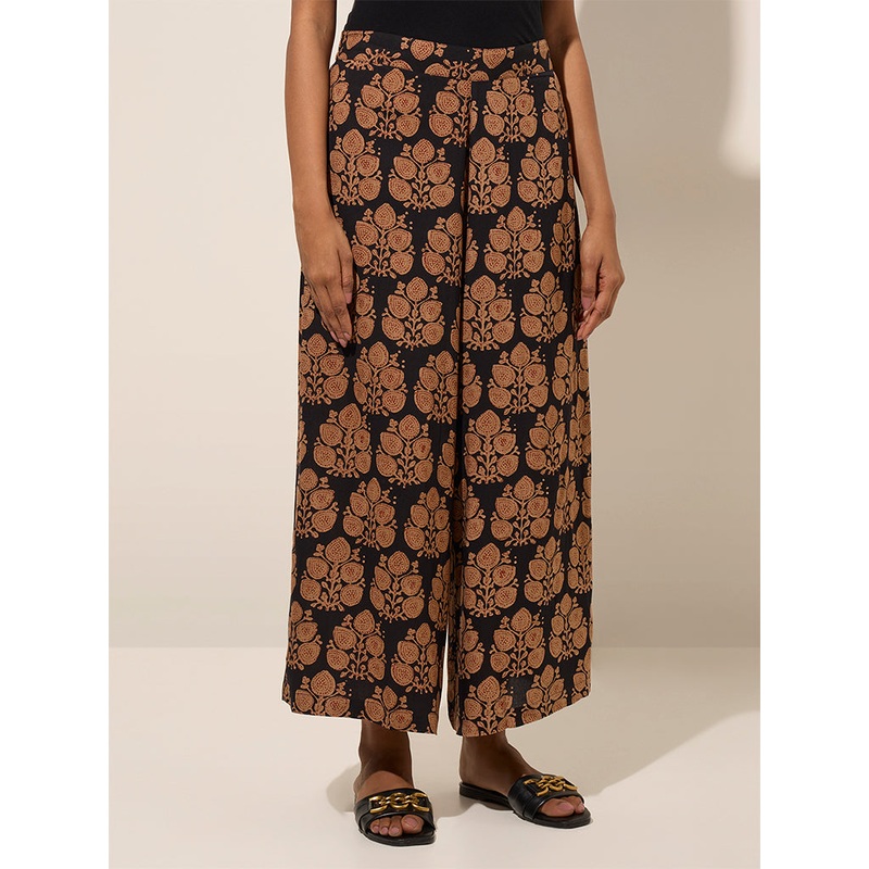 Utsa Black Foliage Printed Palazzos