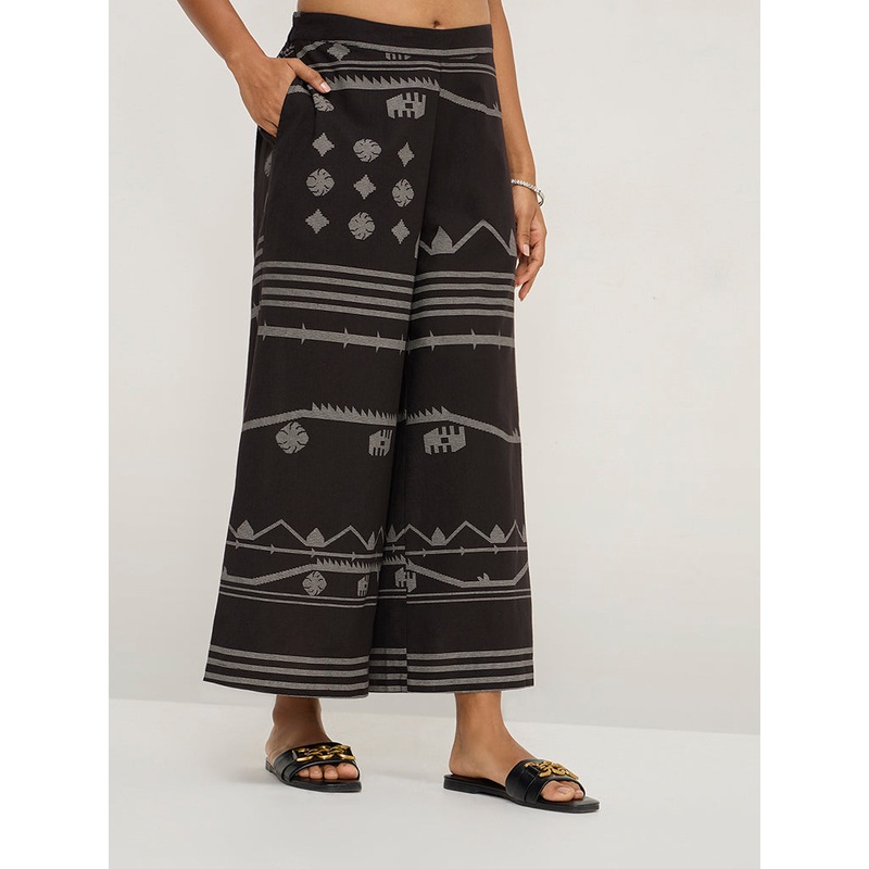 Utsa Black Ikat Design Cotton-Blend Palazzos