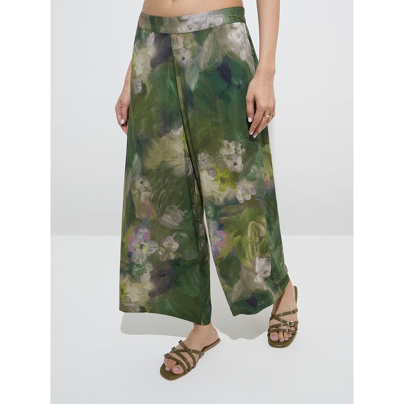 Utsa Dark Green Watercolour Floral Design Palazzos