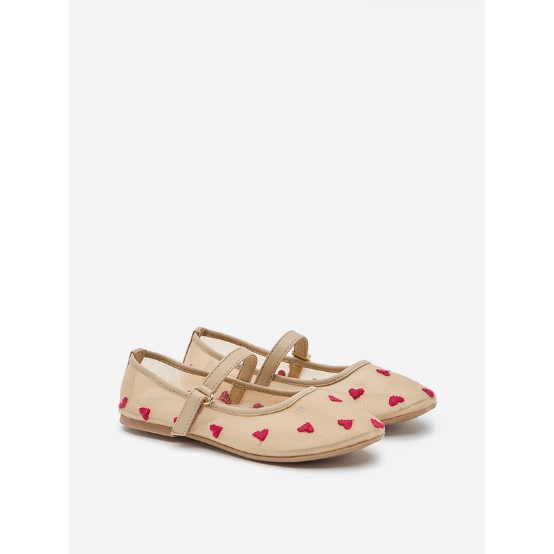 Yellow Beige Heart Embroidered Ballerina