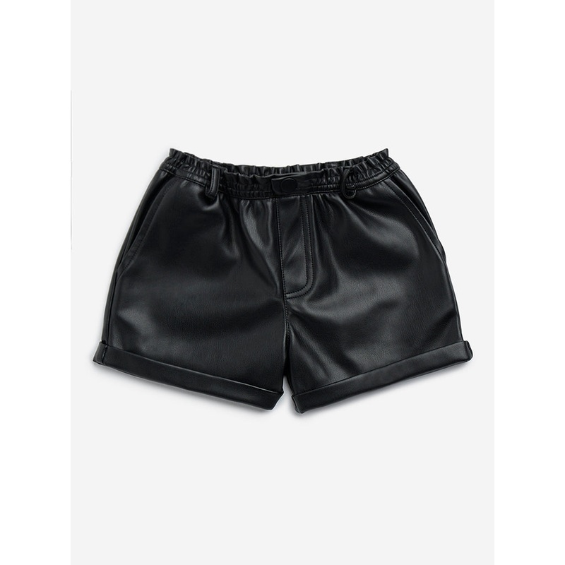 HOP Kids Black Faux Leather High-Rise Shorts