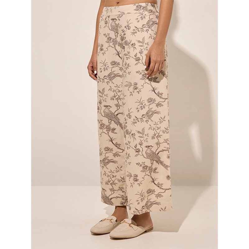 Zuba Beige Nature-Themed Cotton Palazzos