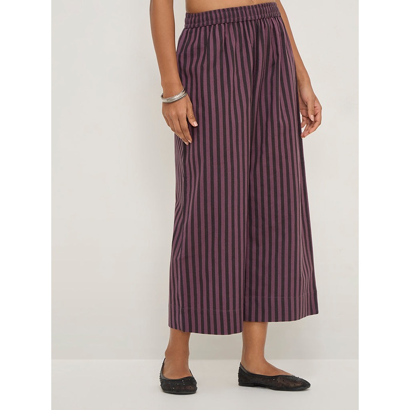 Utsa Purple Striped High-Rise Cotton-Blend Ethnic Pants