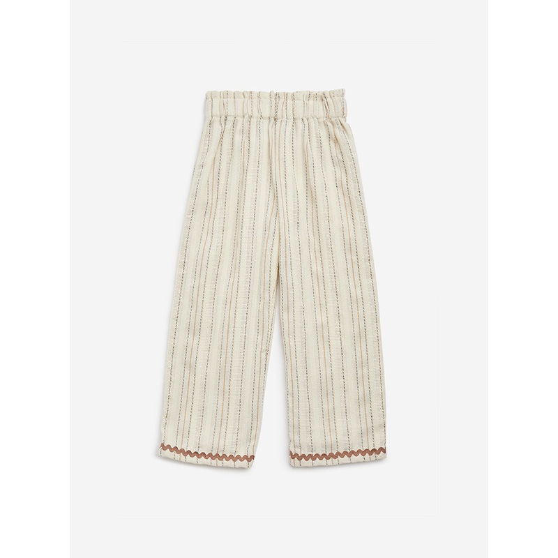 HOP Kids Beige Stripe Printed High-Rise Cotton-Blend Pants