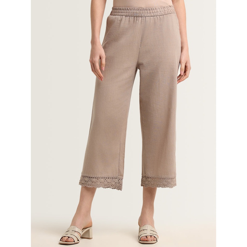 Utsa Beige Schiffli Lace Insert Palazzos