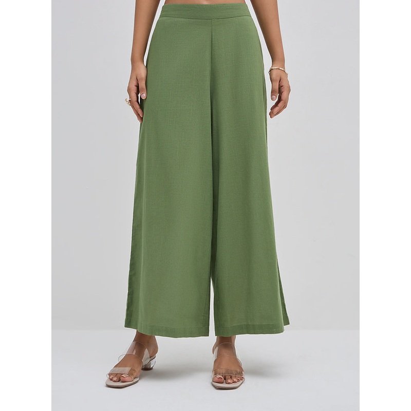 Utsa Green Solid High-Rise Cotton Palazzos