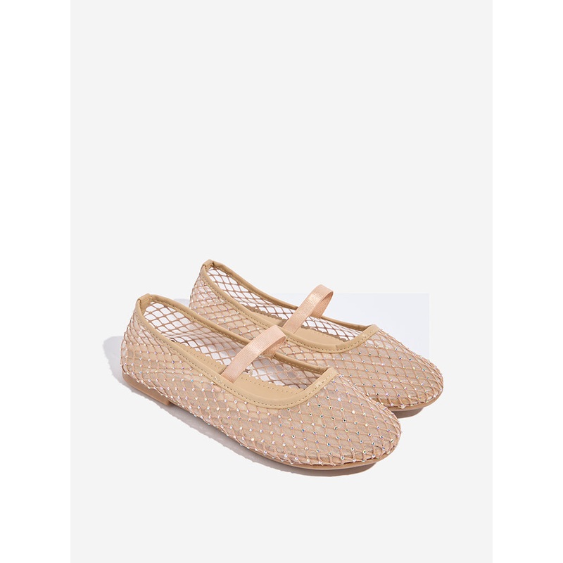 Yellow Beige Mesh-Detailed Mary Jane Shoes