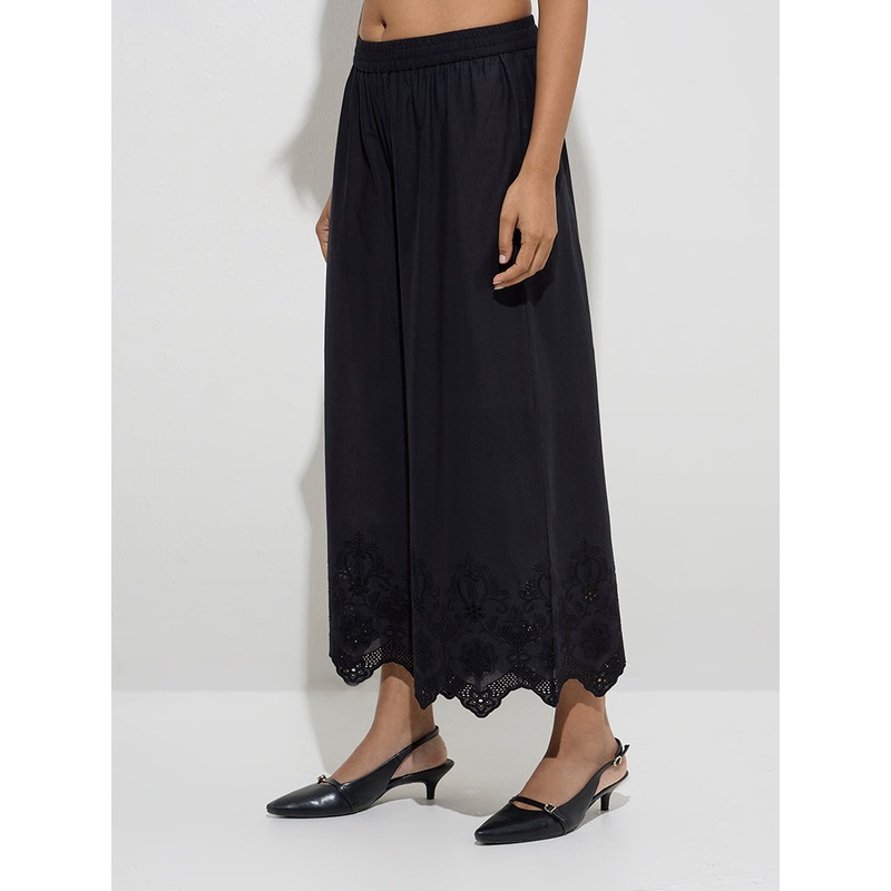 Zuba Black Floral Embroidered Cotton Palazzos