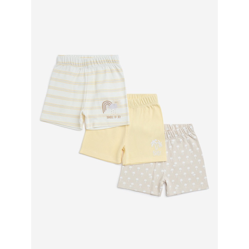 HOP Baby Yellow Printed Mid-Rise Cotton Shorts- Pack of 3