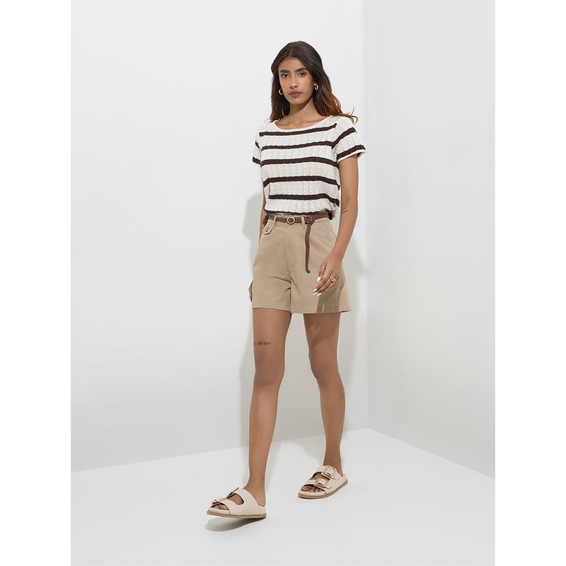 LOV Beige High-Rise Cotton-Blend Shorts with Belt
