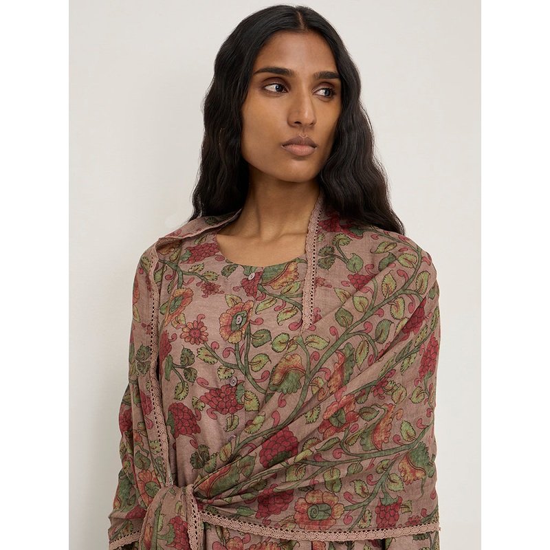 Zuba Dark Brown Floral Printed Cotton-Blend Dupatta