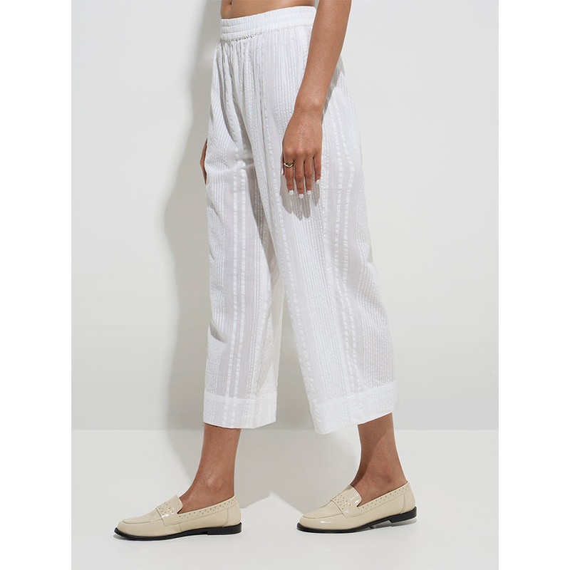 Zuba White Seersucker Striped Cotton Ethnic Pants