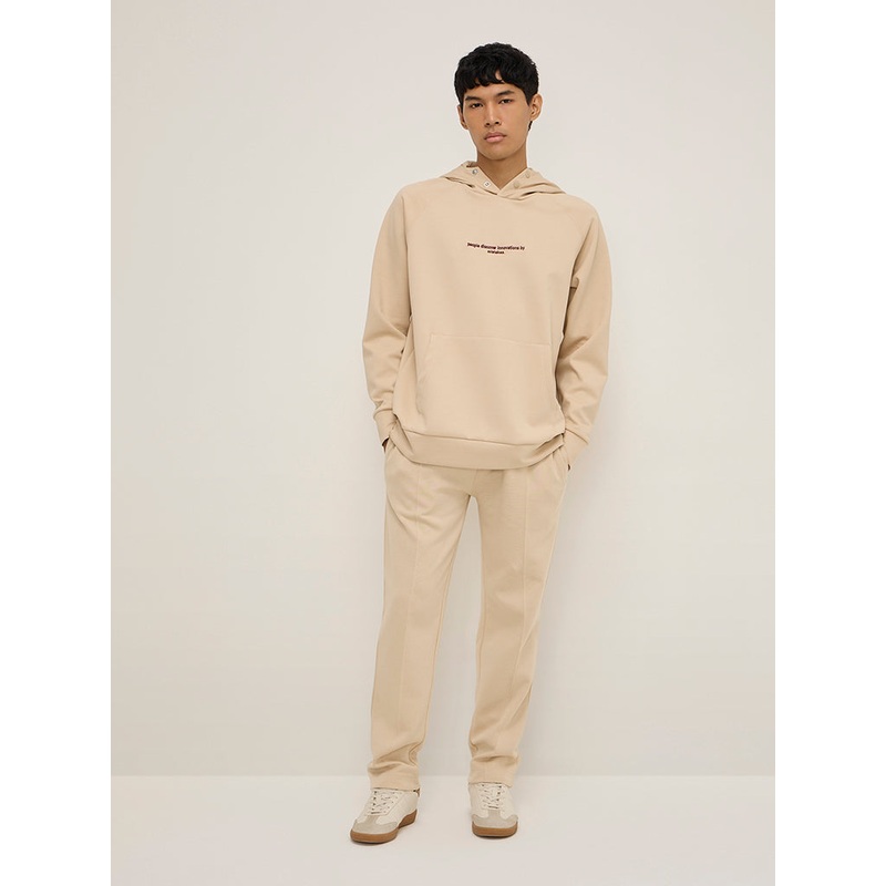 Studiofit Beige Relaxed-Fit Mid-Rise Track Pants