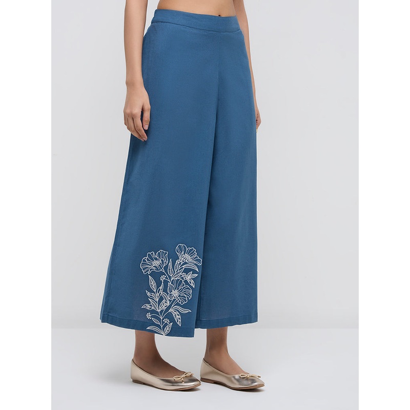 Utsa Indigo Embroidered High-Rise Cotton-Blend Ethnic Pants