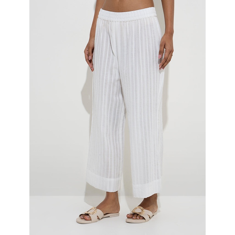 Utsa White Self-Striped Cotton Ethnic Pants