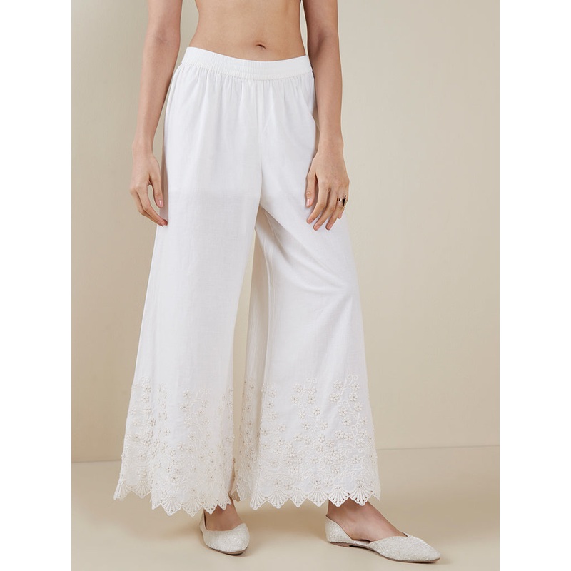 Zuba Off-White Pure Cotton Floral Palazzos