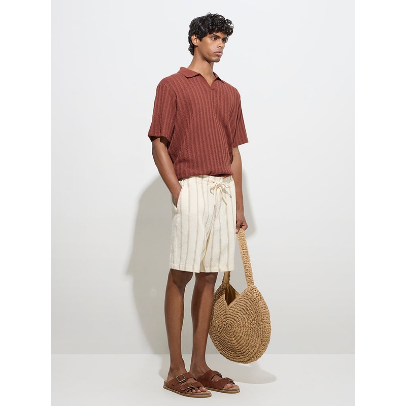 ETA Light Beige Striped Relaxed-Fit Mid-Rise Cotton Shorts