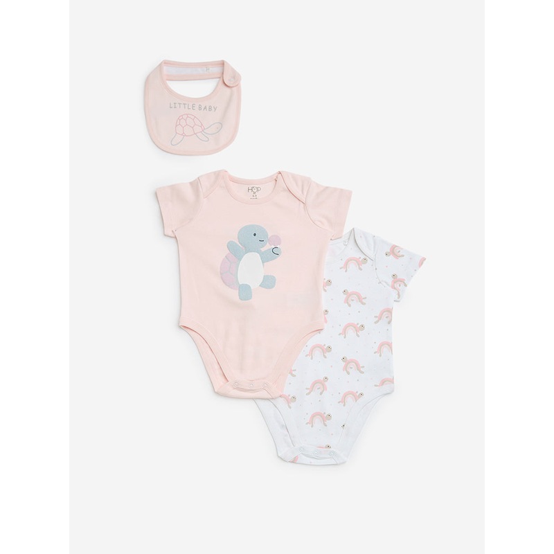 HOP Baby Light Pink Cotton Rompers with Bib – Pack of 2