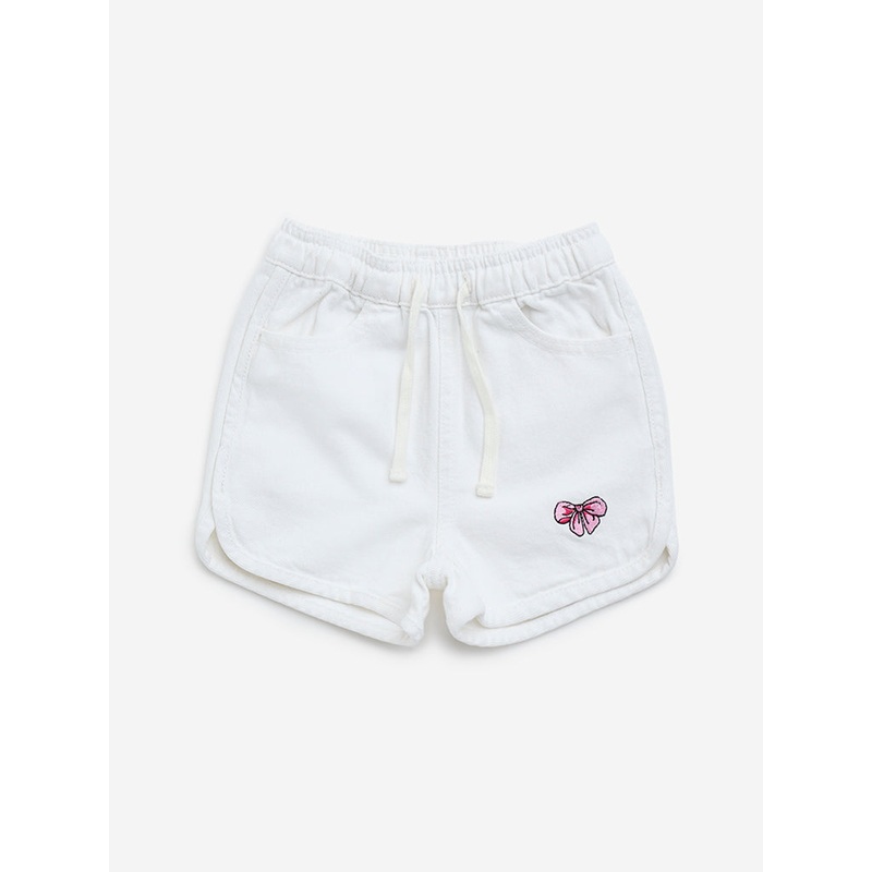 HOP Kids White Embroidered Mid-Rise Denim Shorts