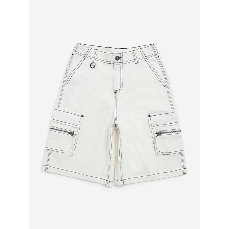 Y&F Kids Off-White Cargo-Style Mid-Rise Denim Shorts