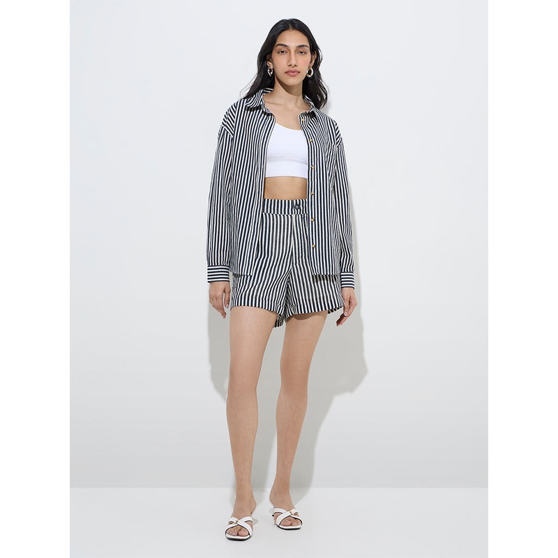 LOV Blue Striped Cotton-Blend High-Rise Shorts