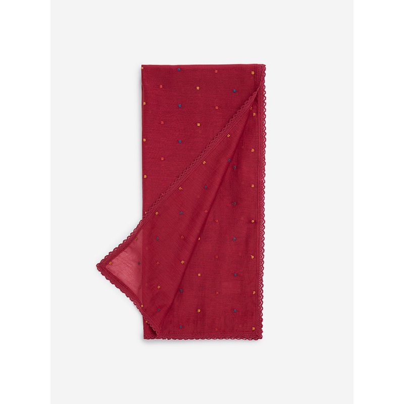 Zuba Red Embroidered Cotton-Blend Dupatta